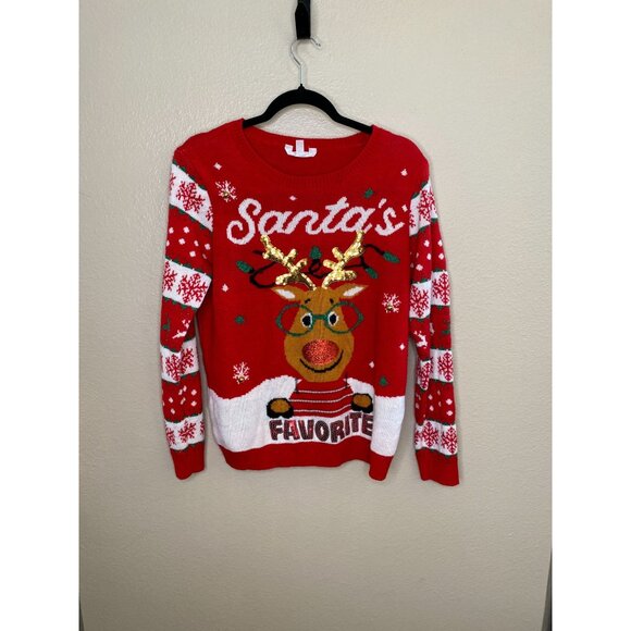 No Boundaries XXL Red Christmas Sweater Santa Favorite Reindeer Sequin Snowflake - Picture 1 of 7